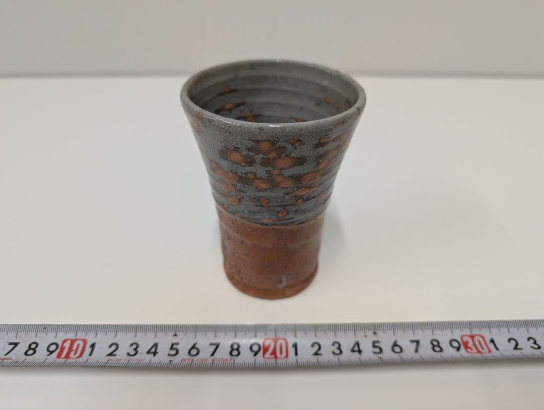 Totoya-de Sake Cup by Nawa Hosho — Karatsu-Style Iron Clay with Mottled Gray Glaze, Signed Box