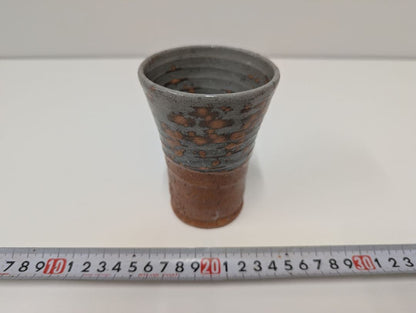 Totoya-de Sake Cup by Nawa Hosho — Karatsu-Style Iron Clay with Mottled Gray Glaze, Signed Box