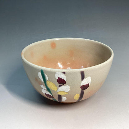 Pussy Willow Nekoyanagi Tea Bowl - Kyo-yaki Spring Chawan with Polychrome Enamel and Box