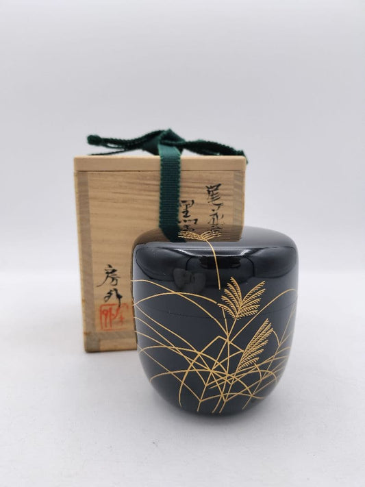 Nabetani Fusagai Black Lacquer Chu-Natsume — Obana Pampas Grass Gold Maki-e Tea Caddy