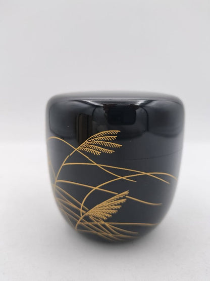Nabetani Fusagai Black Lacquer Chu-Natsume — Obana Pampas Grass Gold Maki-e Tea Caddy