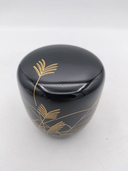 Nabetani Fusagai Black Lacquer Chu-Natsume — Obana Pampas Grass Gold Maki-e Tea Caddy