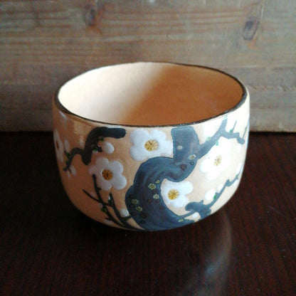 Kyo-yaki Plum Blossom Tea Bowl by Yamamoto Josen — Hachidai Kenzan, Japanese Chawan with Box