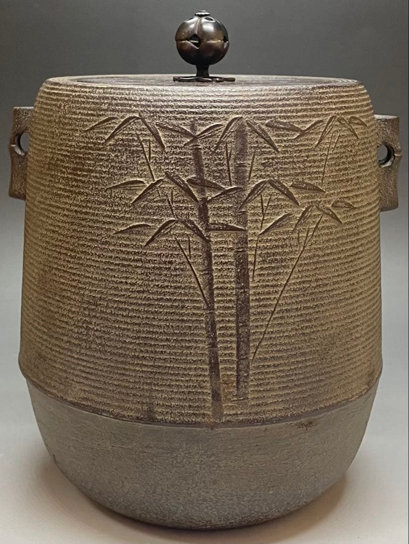 Kanamori Shoei Bamboo Relief Sensuji Cylindrical Iron Tea Kettle Tsutsugama