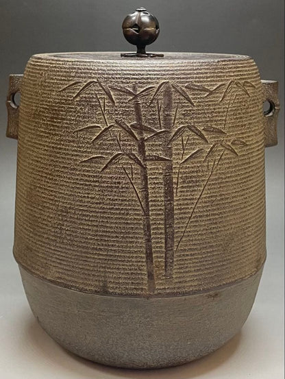 Kanamori Shoei Bamboo Relief Sensuji Cylindrical Iron Tea Kettle Tsutsugama