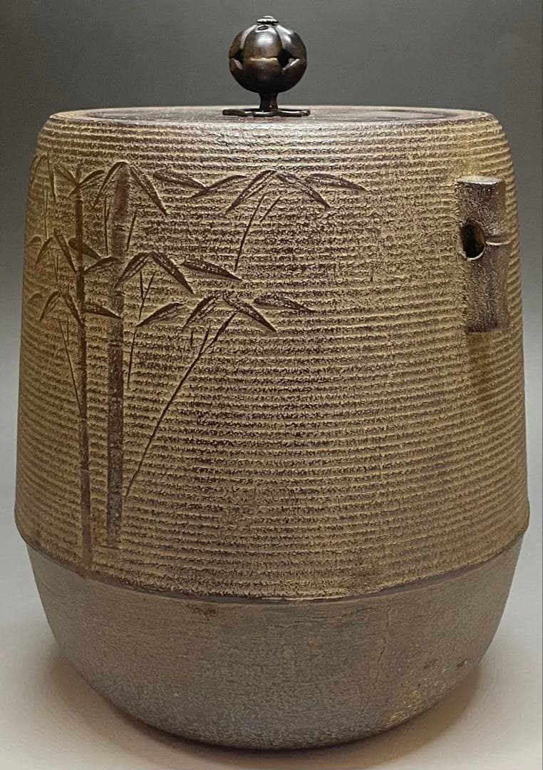 Kanamori Shoei Bamboo Relief Sensuji Cylindrical Iron Tea Kettle Tsutsugama