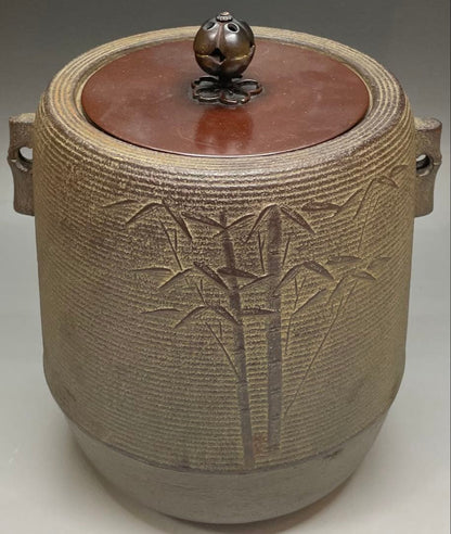 Kanamori Shoei Bamboo Relief Sensuji Cylindrical Iron Tea Kettle Tsutsugama