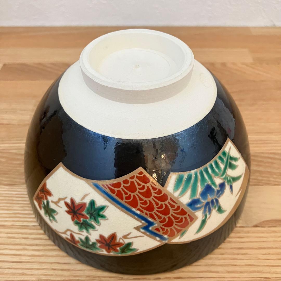 Kyoto-yaki Black Glaze Matcha Bowl by Genpei, Hand-painted Enamels
