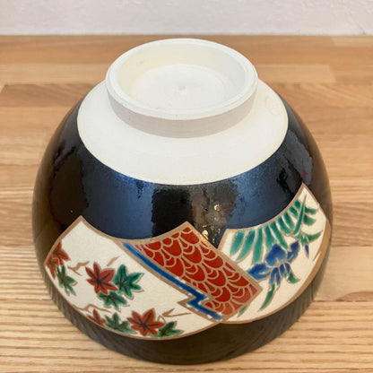 Kyoto-yaki Black Glaze Matcha Bowl by Genpei, Hand-painted Enamels
