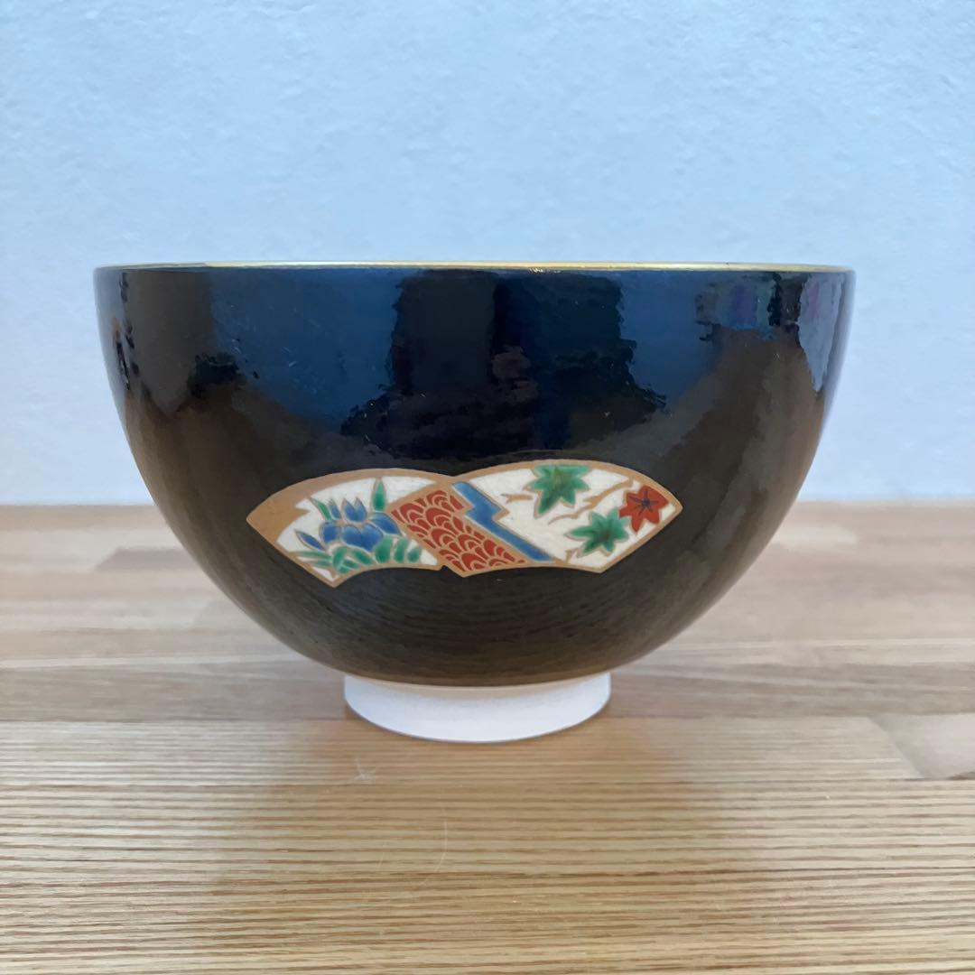 Kyoto-yaki Black Glaze Matcha Bowl by Genpei, Hand-painted Enamels