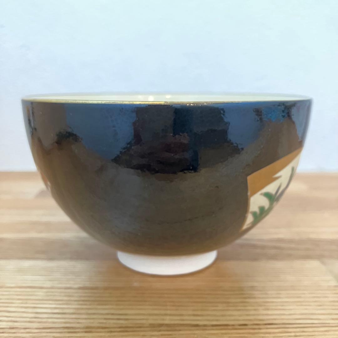 Kyoto-yaki Black Glaze Matcha Bowl by Genpei, Hand-painted Enamels
