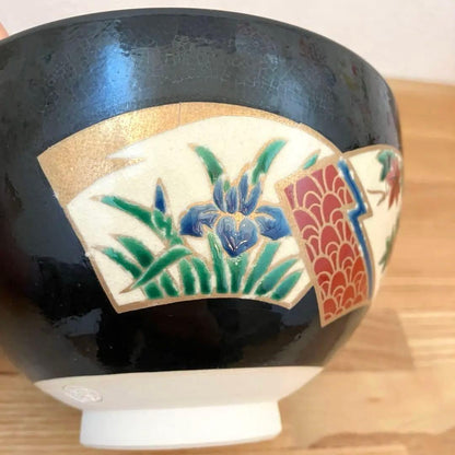 Kyoto-yaki Black Glaze Matcha Bowl by Genpei, Hand-painted Enamels