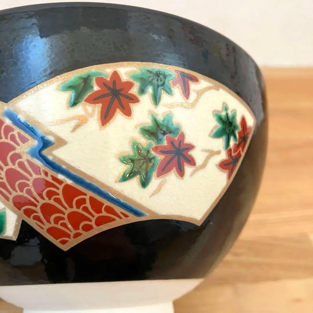 Kyoto-yaki Black Glaze Matcha Bowl by Genpei, Hand-painted Enamels