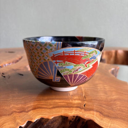 Kuro-Ninsei Fan Motif Matcha Bowl by Miyaji Eika — Black Ground, Polychrome Enamel