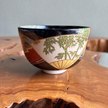 Kuro-Ninsei Fan Motif Matcha Bowl by Miyaji Eika — Black Ground, Polychrome Enamel