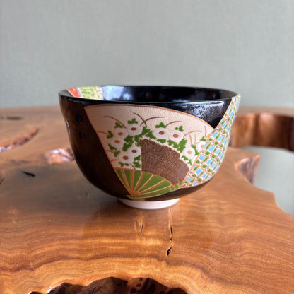 Kuro-Ninsei Fan Motif Matcha Bowl by Miyaji Eika — Black Ground, Polychrome Enamel