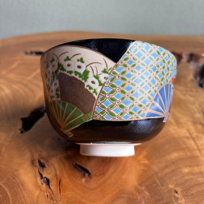 Kuro-Ninsei Fan Motif Matcha Bowl by Miyaji Eika — Black Ground, Polychrome Enamel