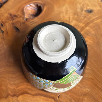 Kuro-Ninsei Fan Motif Matcha Bowl by Miyaji Eika — Black Ground, Polychrome Enamel