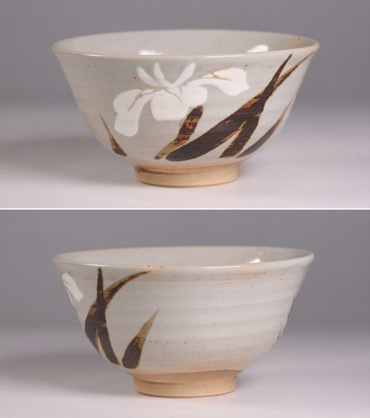 14th Gen Asahi Hosai Iris Iron Painting Tea Bowl - Kaisen Inscription Asahi-yaki