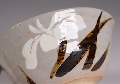 14th Gen Asahi Hosai Iris Iron Painting Tea Bowl - Kaisen Inscription Asahi-yaki