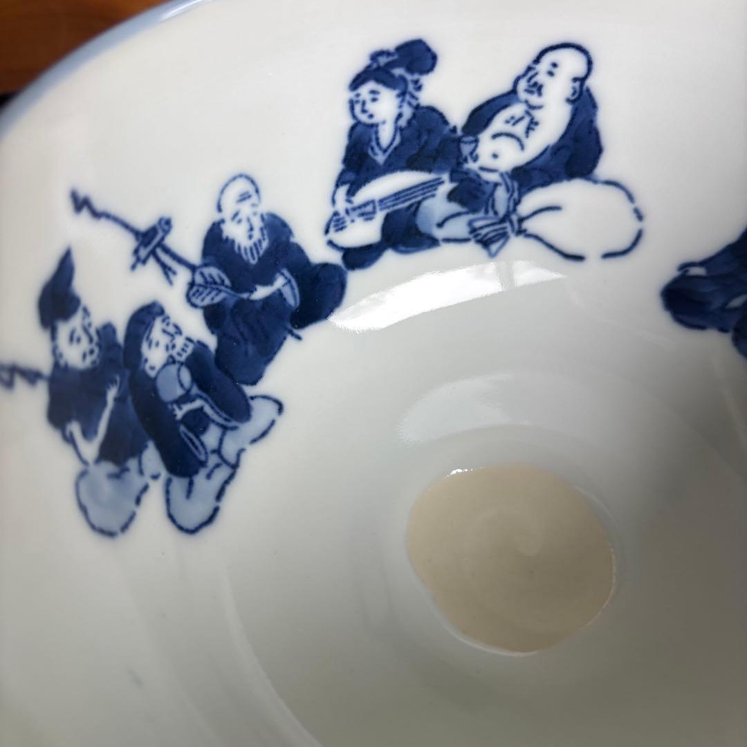 Sometsuke Tawara Chawan — Seven Lucky Gods & Kotobuki, Rojo, Signed Wood Box
