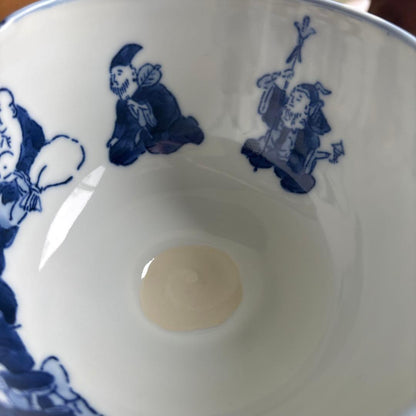 Sometsuke Tawara Chawan — Seven Lucky Gods & Kotobuki, Rojo, Signed Wood Box