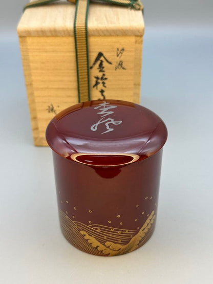 Kinrinji Natsume Tea Caddy by Kisan Seishi - Shiokumi Gold Maki-e Wave Motif - Signed Tomobako with Pouch Tea Ceremony Container
