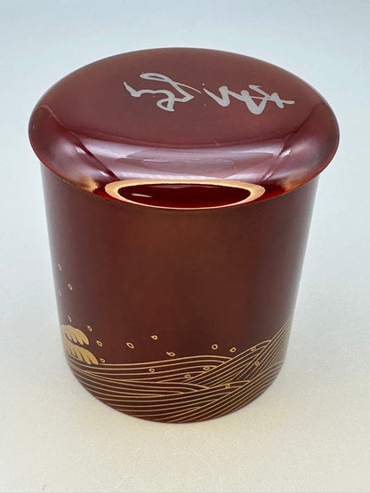 Kinrinji Natsume Tea Caddy by Kisan Seishi - Shiokumi Gold Maki-e Wave Motif - Signed Tomobako with Pouch Tea Ceremony Container