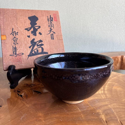 Oil Spot Tenmoku Tea Bowl by Josen — Mino Kiln, Signed Wooden Box
