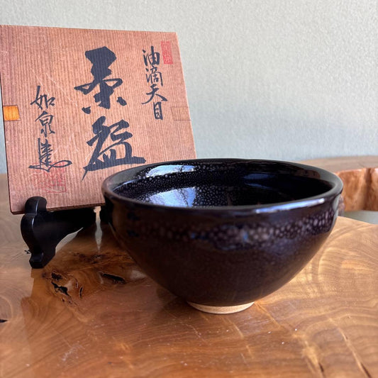 Oil Spot Tenmoku Tea Bowl by Josen — Mino Kiln, Signed Wooden Box