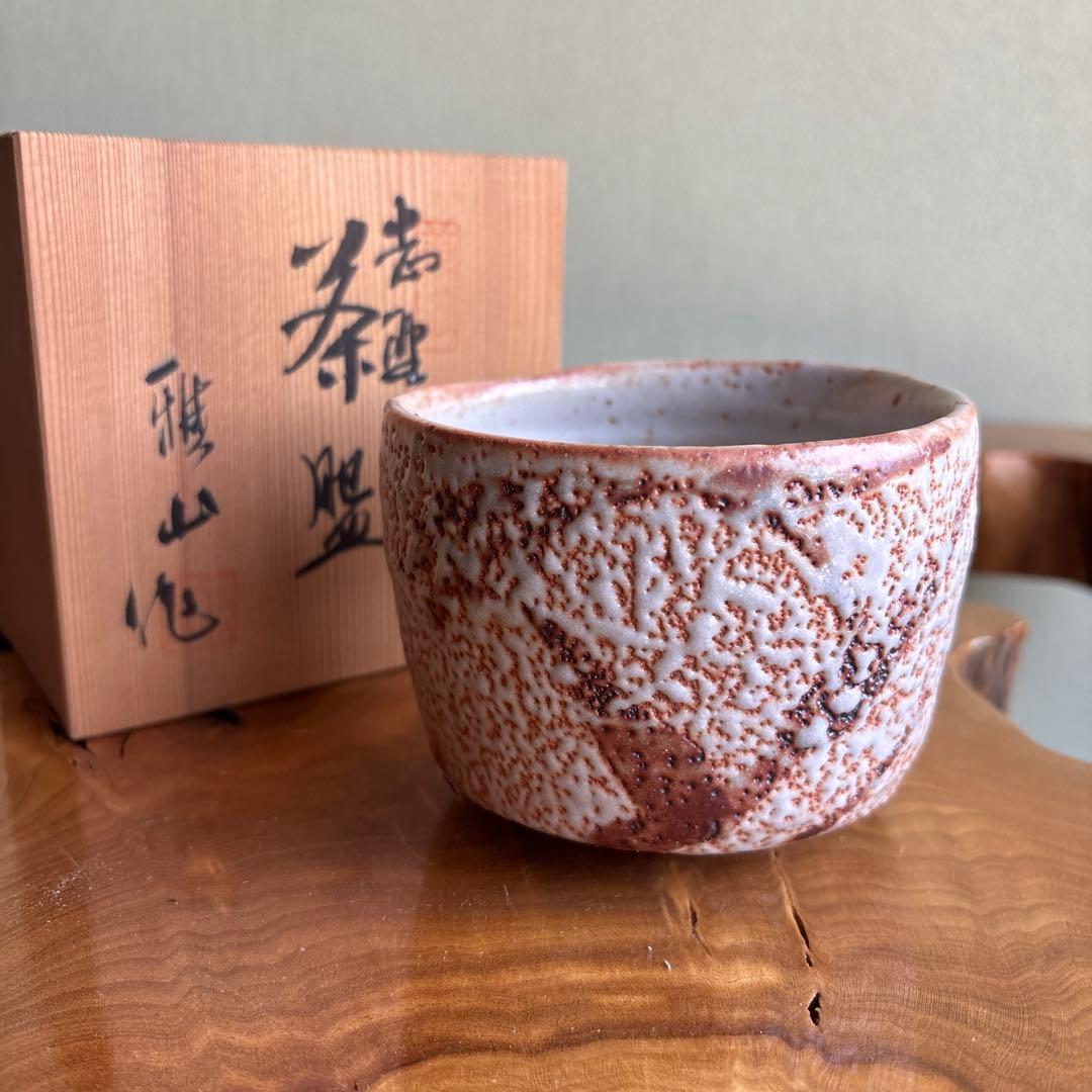 Shino Tea Bowl by Nakajima Masao | Gazan-gama Mino Ware | E-Shino Matcha Bowl with Iron-Painted Grass Motif | Signed Wooden Box