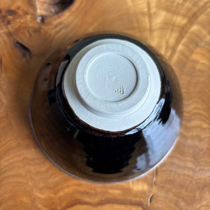 Tenmoku Tea Bowl by Okitani Teiichi — Mirror Black Glaze, Silver Rim, Tomobako