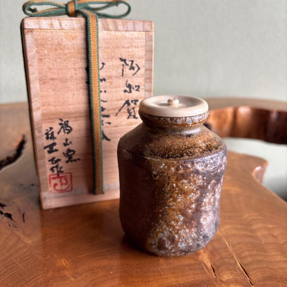 Ogi Oseki Yohen Chaire | Fukuyama Kiln Ash-Glazed Tea Caddy | Signed Tomobako