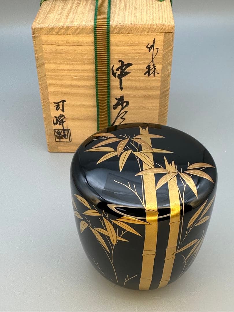 Bamboo Maki-e Lacquer Natsume Tea Caddy by Arai Shihou, Japanese Chanoyu Urushi Chaki with Signed Tomobako