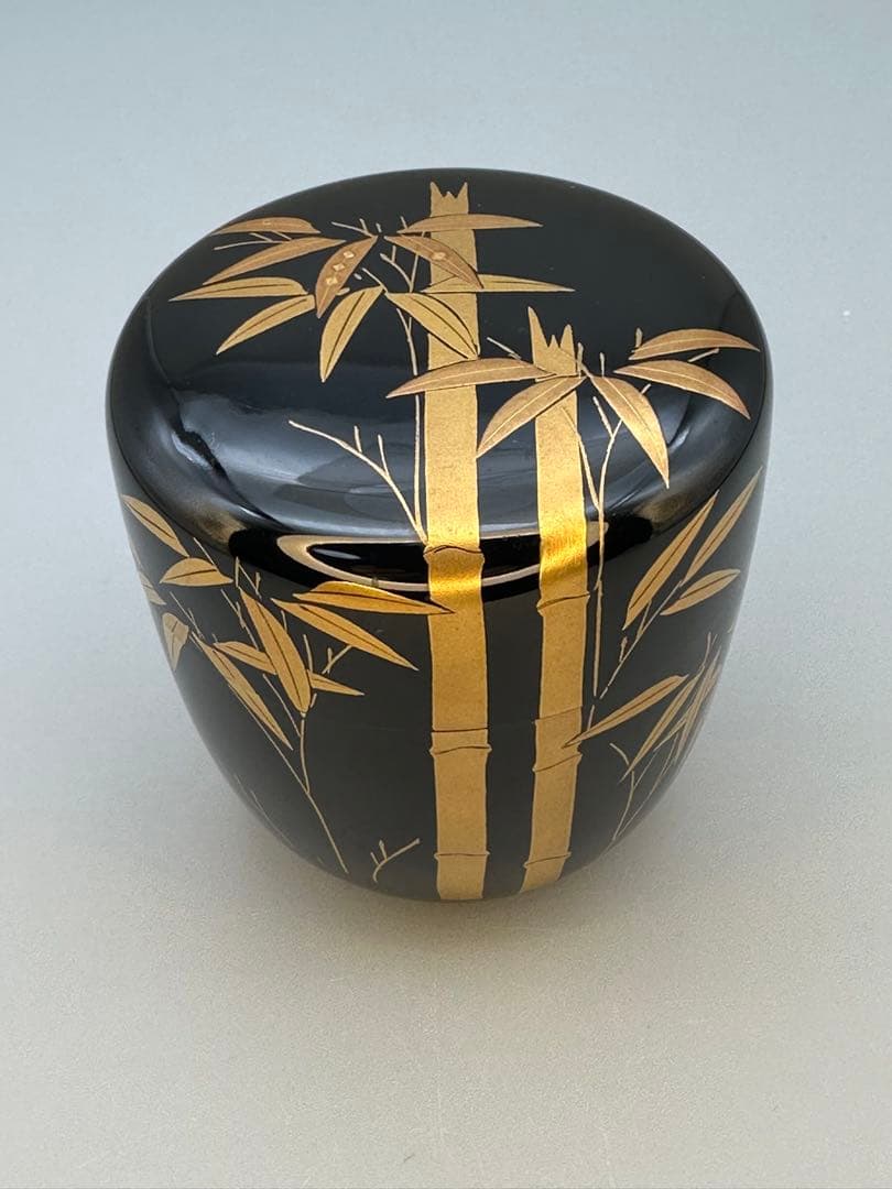 Bamboo Maki-e Lacquer Natsume Tea Caddy by Arai Shihou, Japanese Chanoyu Urushi Chaki with Signed Tomobako