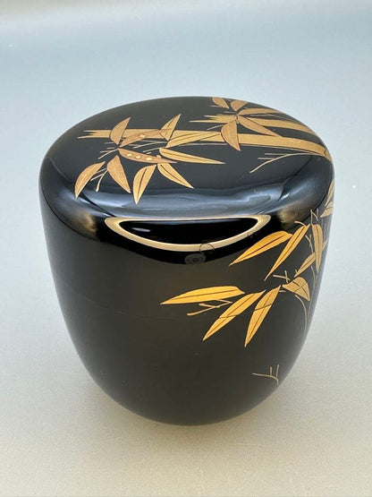 Bamboo Maki-e Lacquer Natsume Tea Caddy by Arai Shihou, Japanese Chanoyu Urushi Chaki with Signed Tomobako