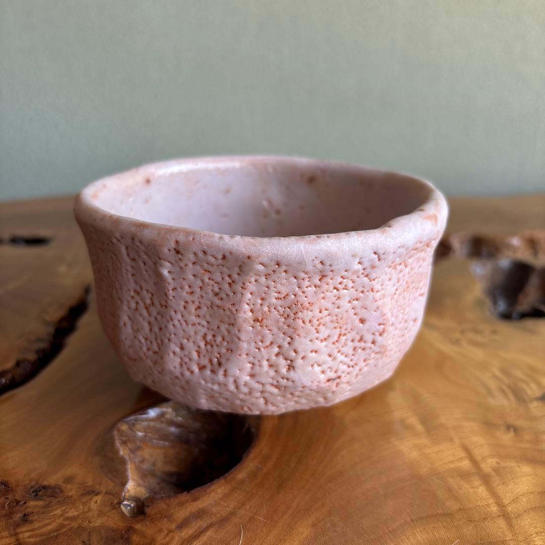 Shino-Style Chawan Pink Rough Glaze — Gogo Kiln, Faceted Body, Signed Box