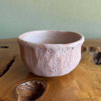 Shino-Style Chawan Pink Rough Glaze — Gogo Kiln, Faceted Body, Signed Box