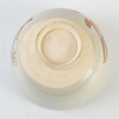 Iro-e Fan Motif Matcha Bowl by Wada Tozan, Kotoura Kiln — Signed Wooden Box
