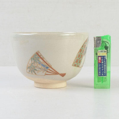 Iro-e Fan Motif Matcha Bowl by Wada Tozan, Kotoura Kiln — Signed Wooden Box