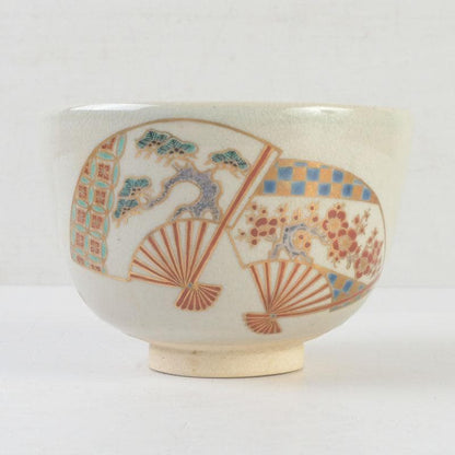 Iro-e Fan Motif Matcha Bowl by Wada Tozan, Kotoura Kiln — Signed Wooden Box