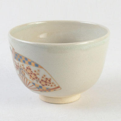 Iro-e Fan Motif Matcha Bowl by Wada Tozan, Kotoura Kiln — Signed Wooden Box