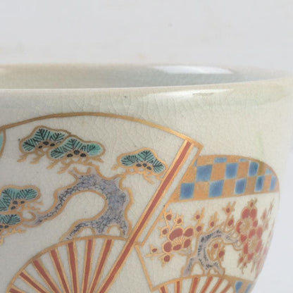 Iro-e Fan Motif Matcha Bowl by Wada Tozan, Kotoura Kiln — Signed Wooden Box