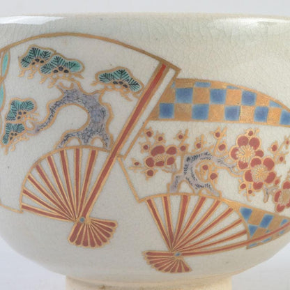 Iro-e Fan Motif Matcha Bowl by Wada Tozan, Kotoura Kiln — Signed Wooden Box