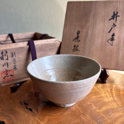 Ido-te Chawan by Rikagawa Kiln - Japanese Matcha Bowl in Goryeo Style with Pale Crackle Glaze, Signed Box