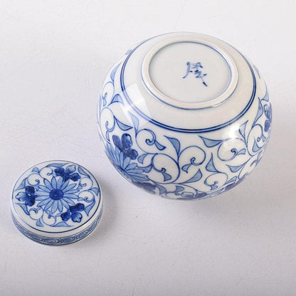 Sometsuke Blue White Tea Jar by Ito Ihei - Chrysanthemum Arabesque Porcelain