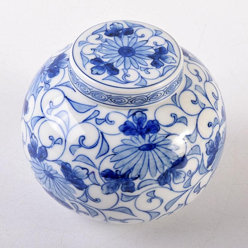 Sometsuke Blue White Tea Jar by Ito Ihei - Chrysanthemum Arabesque Porcelain