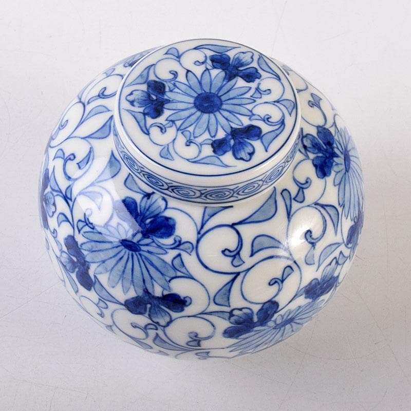 Sometsuke Blue White Tea Jar by Ito Ihei - Chrysanthemum Arabesque Porcelain