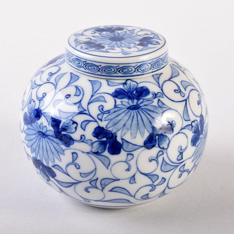 Sometsuke Blue White Tea Jar by Ito Ihei - Chrysanthemum Arabesque Porcelain