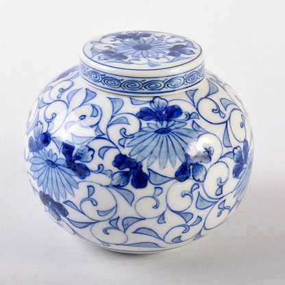 Sometsuke Blue White Tea Jar by Ito Ihei - Chrysanthemum Arabesque Porcelain